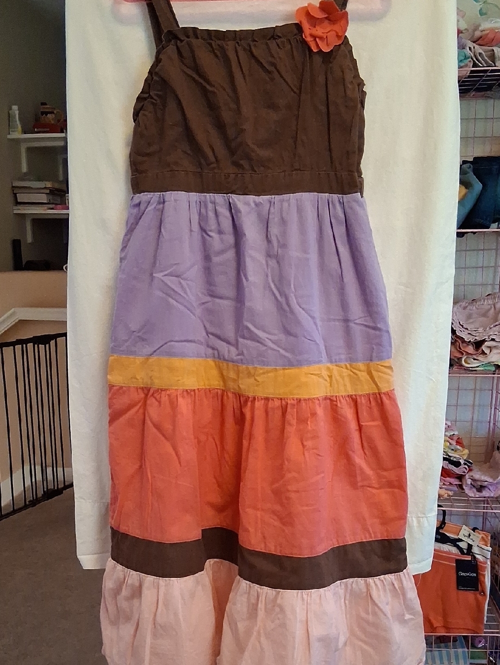 Maxidress For Girls Brown Lavender Yellow Coral Tiered  with Flower Accent